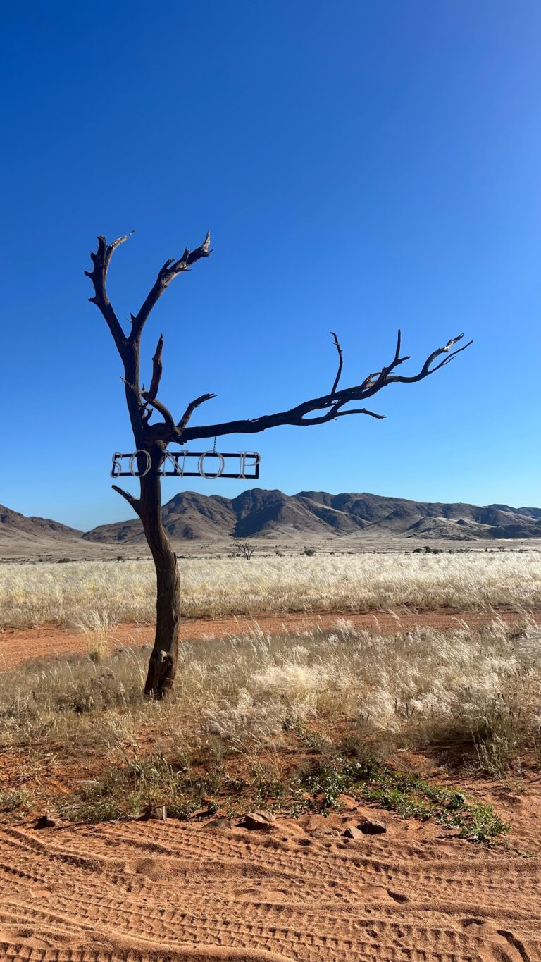 Zannier Sonop hotel entrance sign set against the rocky desert landscape of Namibia